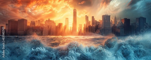 A large wave is about to hit a city. The wave is very tall and the city is in danger. The sky is orange and the water is blue. The city is full of buildings and people. photo