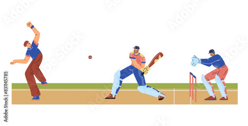 Cricket championship sport game on the field vector illustration, cartoon cricket players in uniform with bat or ball