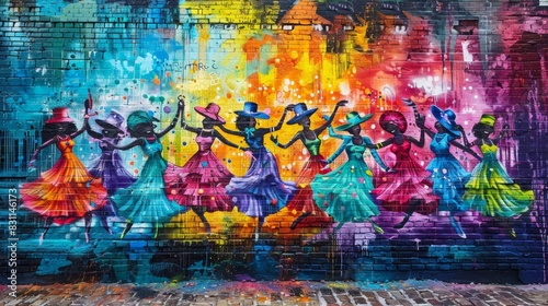Bold Graffiti-Style Mural of Vibrant Carnival Parade with Dancers  