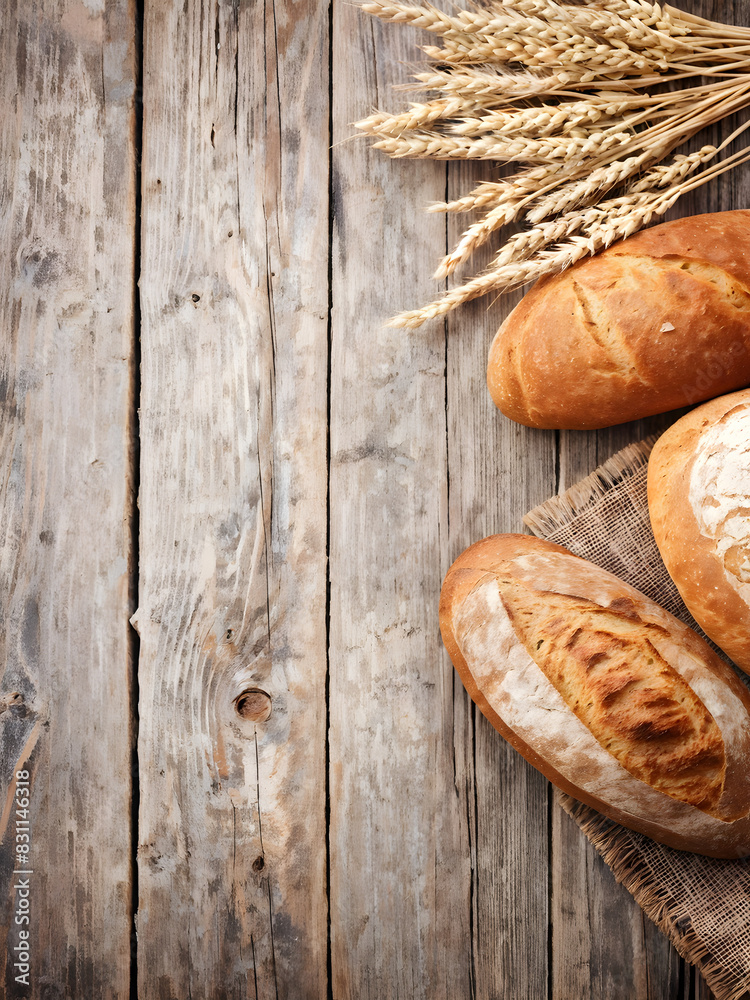 Rustic bread and wheat on an old vintage planked wooden table. Old wood background with free text space.