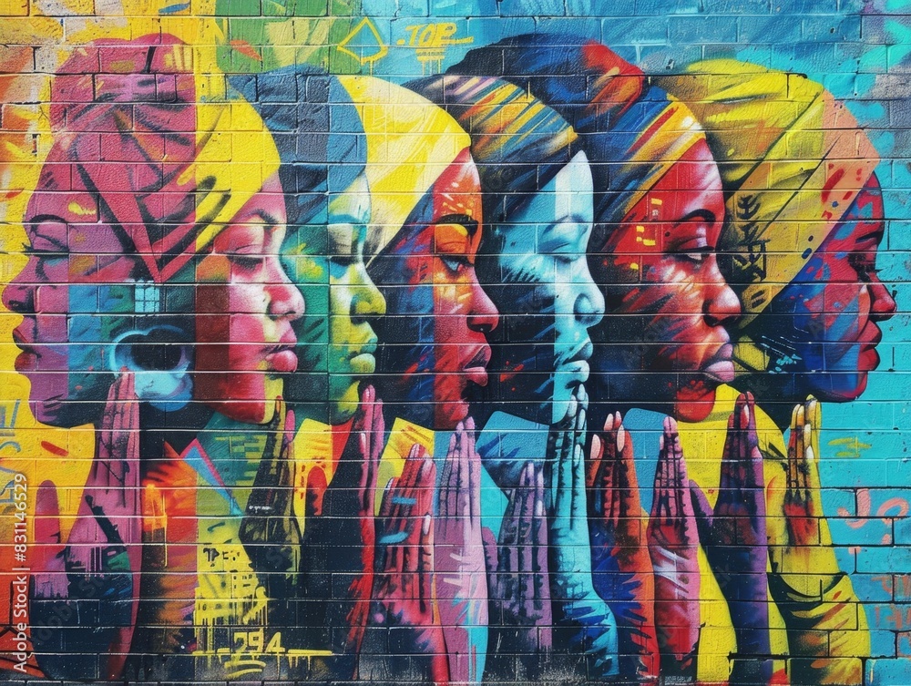 Fototapeta premium Bold Graffiti-Style Mural of Lively Street Scene with Diverse Prayer Gathering