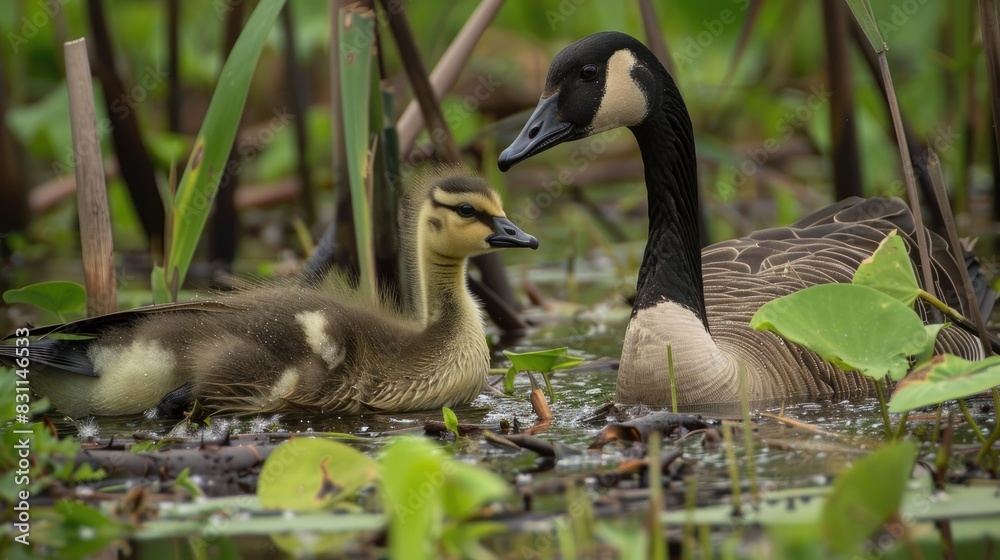 Obraz premium Canadian goose and gosling feeding in wetland vegetation at Edwin B Forsythe National Wildlife Refuge Galloway New Jersey