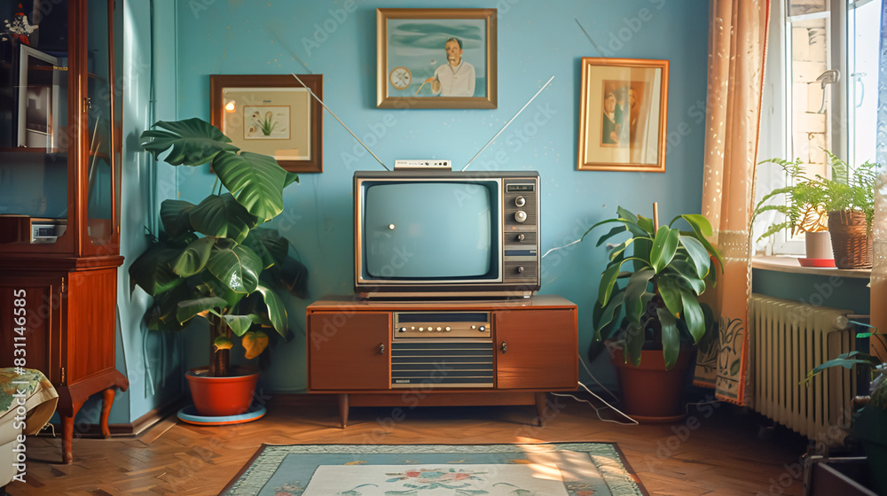Fototapeta premium An old-fashioned television set with rabbit ear antennas in a cozy living room, bringing back memories of vintage entertainment