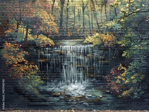 Bold Graffiti-Style Mural of Serene Forest with Hidden Waterfall

