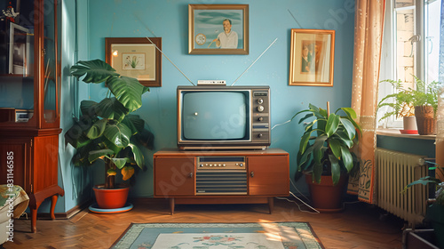An old-fashioned television set with rabbit ear antennas in a cozy living room, bringing back memories of vintage entertainment photo