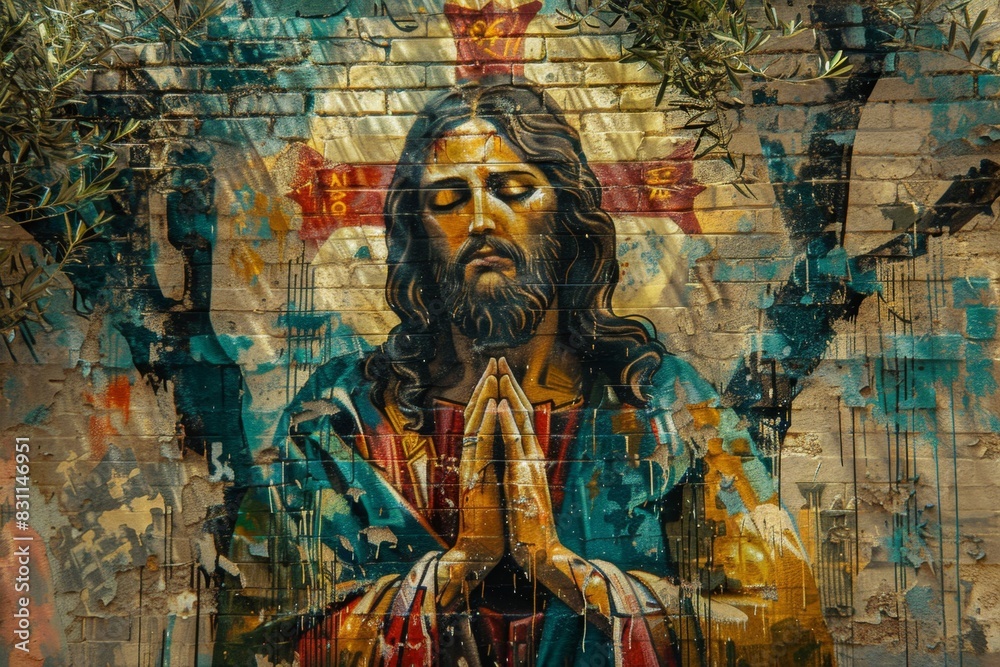 Bold Graffiti-Style Mural of Jesus in Prayer at Gethsemane

