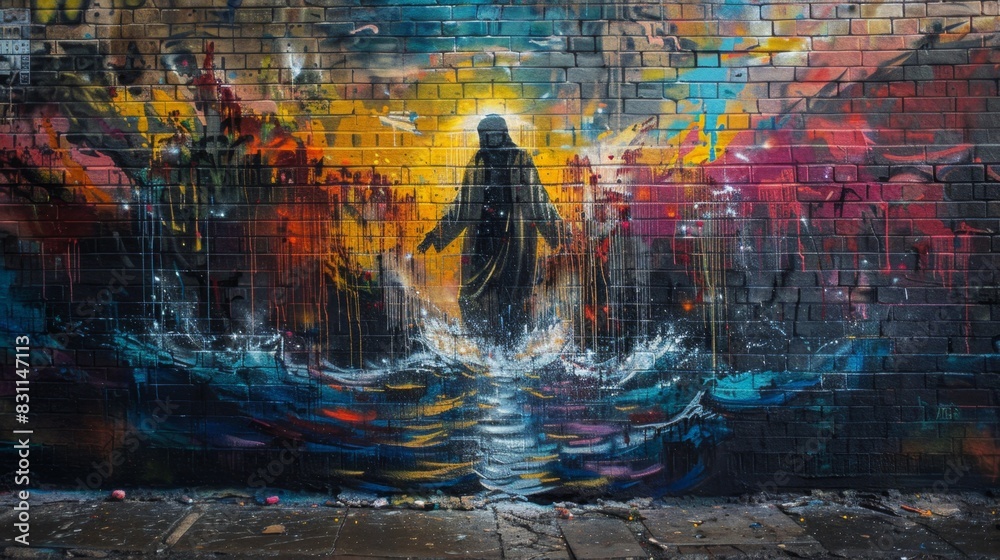 Naklejka premium Bold Graffiti-Style Mural of Jesus Walking on Water