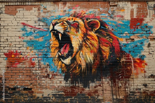 Bold Graffiti-Style Mural of Roaring Lion Atop Rocky Cliff  