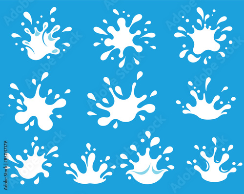 Water splash silhouettes set vector illustration. Blue stamps of ocean or sea wave with splatters and water spray, falling droplets of fountain and circle ripples, ink or paint stain of simple shapes