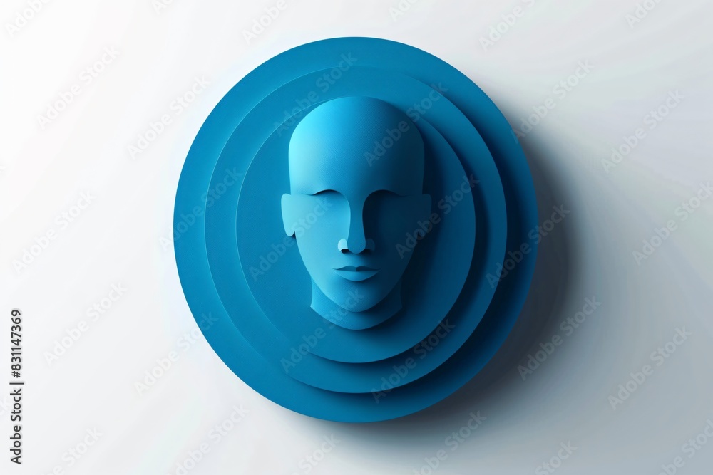 Detailed blue paper cut man head sculpture Detailed blue paper cut man head sculpture