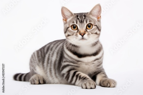 Portrait of a cute american shorthair cat while standing against white background