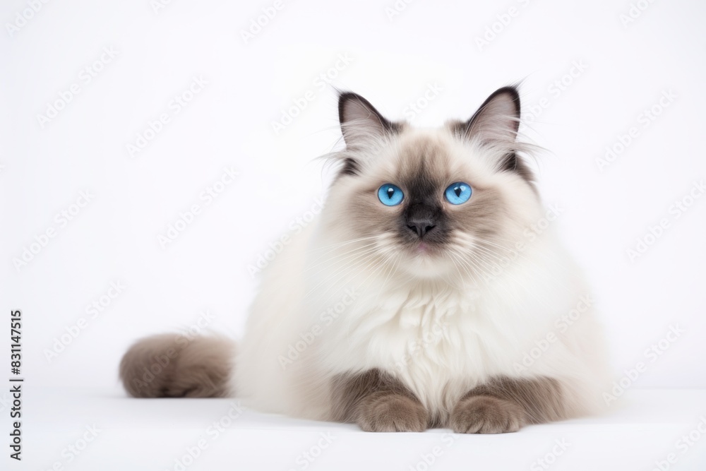 Portrait of a happy ragdoll cat while standing against white background Portrait of a happy ragdoll cat while standing against white background