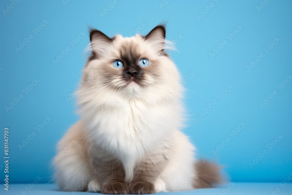 Portrait of a happy ragdoll cat while standing against white background Portrait of a happy ragdoll cat while standing against white background