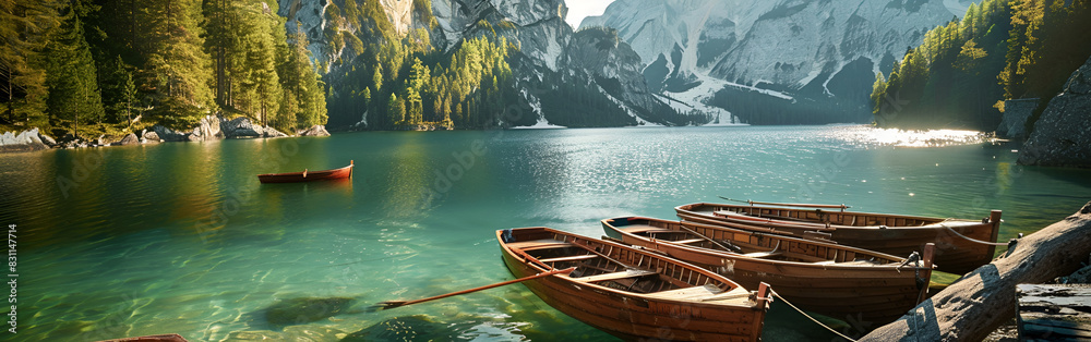 Lake with boats standing by the water is green with forest the sun in the background
