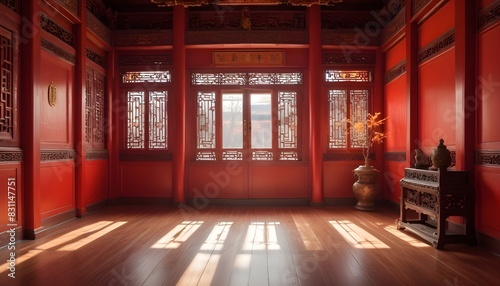 Empty classic red Chinese room. 3D Render