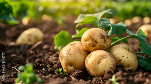 Ripe Potatoes on the Farm  Blurry Background with Copyspace