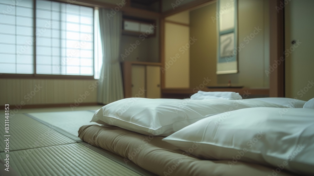 a Japanese hotel room with a minimalist design featuring a low wooden bed adorned with crisp white pillows and a beige duvet set against traditional tatami mats. a Japanese hotel room with a minimalist design featuring a low wooden bed adorned with crisp white pillows and a beige duvet set against traditional tatami mats.