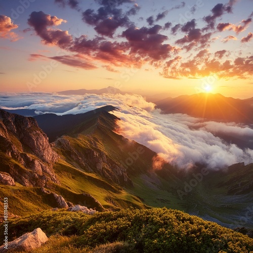 Sunset Serenity Cloud-kissed Mountain Landscape