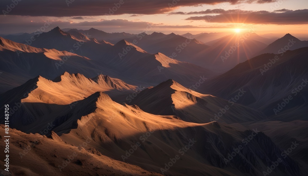 Naklejka premium A dramatic sunset over a rugged mountain range, casting long shadows across the landscape.