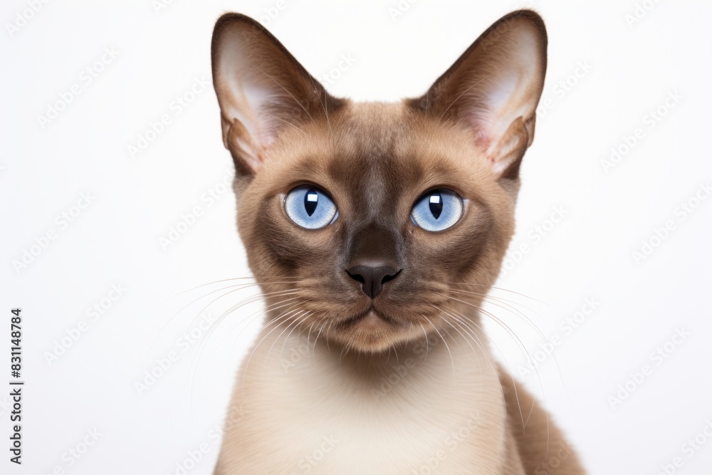 Portrait of a happy burmese cat over white background