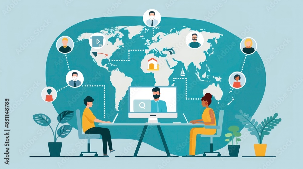 illustration of a work group in a web conference on screens with the world map connecting illustration of a work group in a web conference on screens with the world map connecting