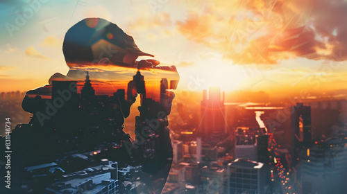 stylish photographer with camera, watching city horizon. double exposure, photographic city background. space for your visual content. wide, sunset effect. generative ai photo