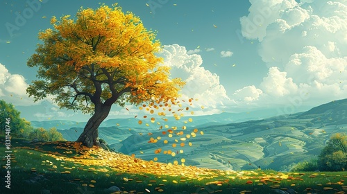 A tree with golden leaves shedding coins onto a rich green landscape, illustrating the growth and harvest of wealth. Minimal and Simple style