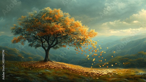 A tree with golden leaves shedding coins onto a rich green landscape, illustrating the growth and harvest of wealth. Minimal and Simple style photo