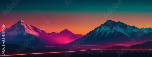 Abstract depiction of mountains bathed in neon lights, blending vintage charm with contemporary flair.