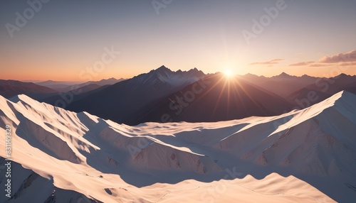 A dramatic sunset over a rugged mountain range, casting long shadows across the landscape.