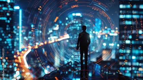Business technology concept Professional business man walking on future Pattaya city background and futuristic interface graphic at night Cyberpunk color style : Generative AI