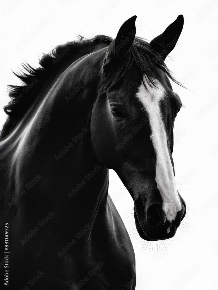 Fototapeta premium Portrait of a black horse with a focused, dynamic expression against a white background
