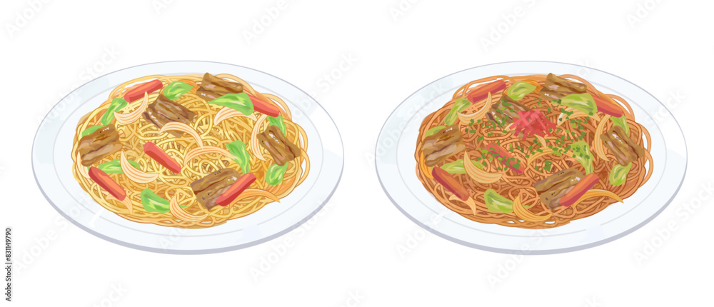 ソース焼きそば・塩焼きそばのセットイラスト ソース焼きそば・塩焼きそばのセットイラスト