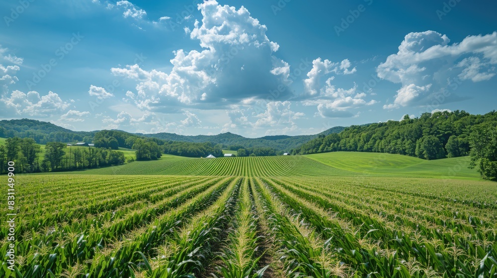 A verdant cornfield extends towards rolling hills under a blue sky with fluffy clouds A verdant cornfield extends towards rolling hills under a blue sky with fluffy clouds