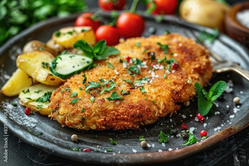 Delicious breaded schnitzel with herbs, served with potatoes and mixed vegetables