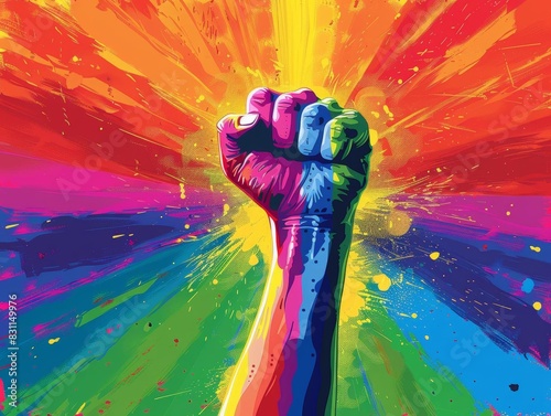 A raised fist in front of a rainbow-colored background