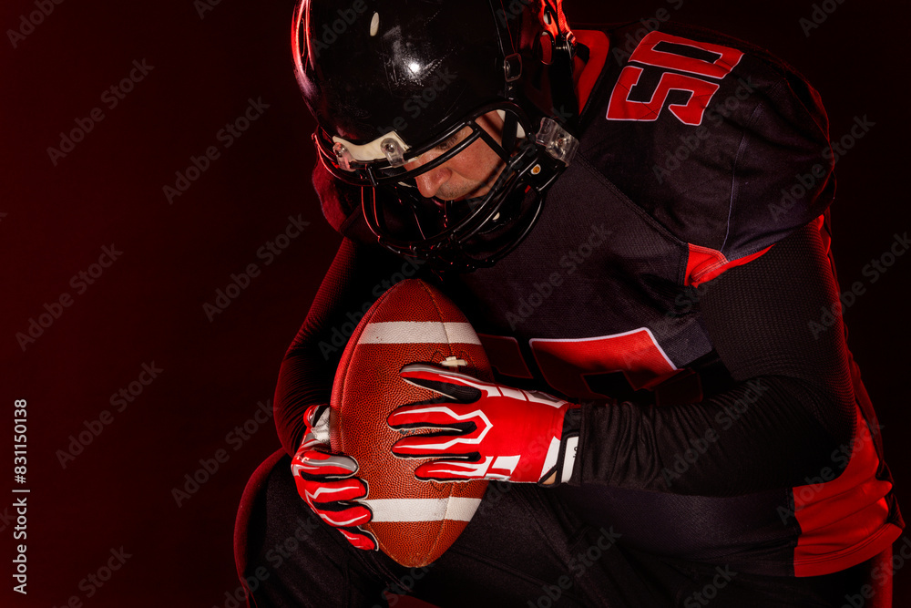 American football player banner on red neon background. Template for bookmaker ads with copy space. Mockup for betting advertisement. Sports betting, football betting, gambling, bookmaker, big win American football player banner on red neon background. Template for bookmaker ads with copy space. Mockup for betting advertisement. Sports betting, football betting, gambling, bookmaker, big win