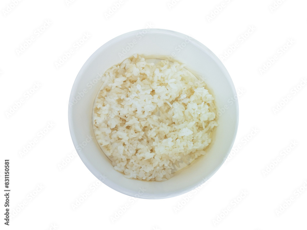 Boiled rice in a white cardboard plate. View from above. Isolate. Boiled rice in a white cardboard plate. View from above. Isolate.