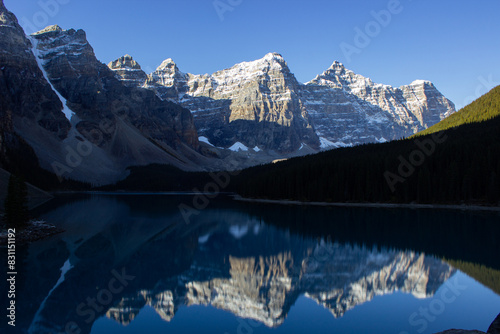 Valley of Ten Peaks near Moraine Lake on a sunny autumn day with snow on the mountain.