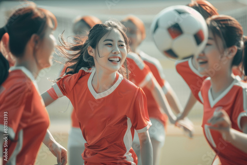 A team of cheerful Japanese female soccer players eagerly engage in a playful game, each aiming to strike the ball with precision and skill.