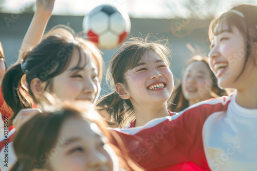 A team of cheerful Japanese female soccer players eagerly engage in a playful game, each aiming to strike the ball with precision and skill.
