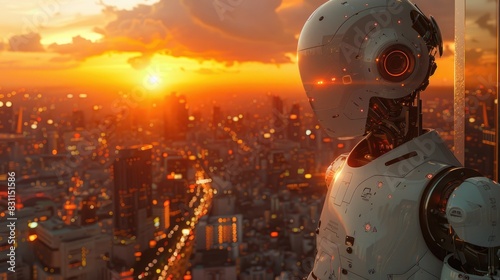 Sleek White Humanoid Robot in Business Suit Standing in HighTech Office at Sunset photo