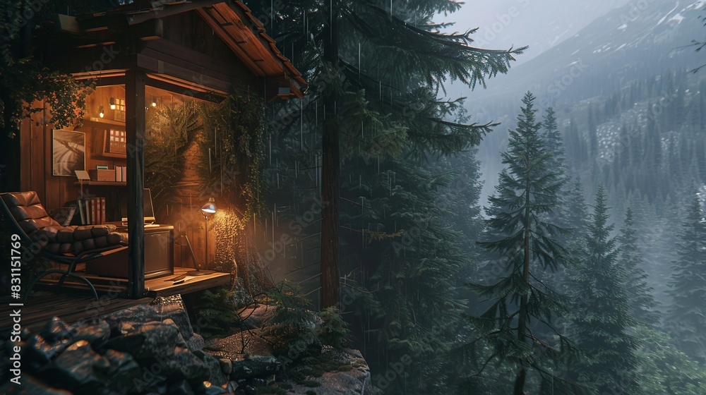 A wooden house stands in the peace of the forest and the majesty of the mountains A wooden house stands in the peace of the forest and the majesty of the mountains