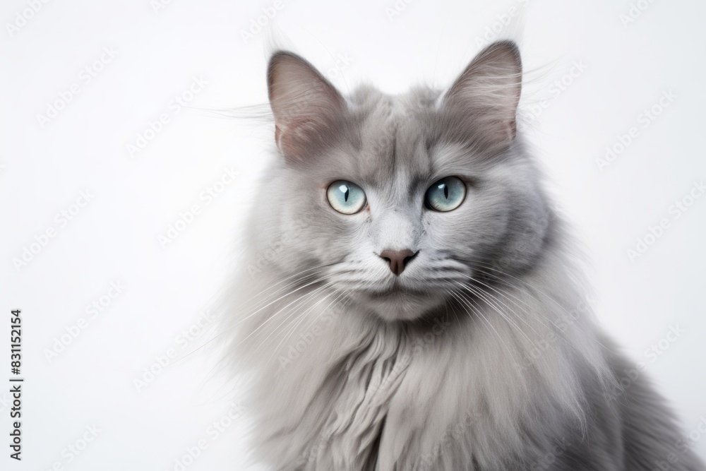 Portrait of a cute nebelung cat while standing against white background