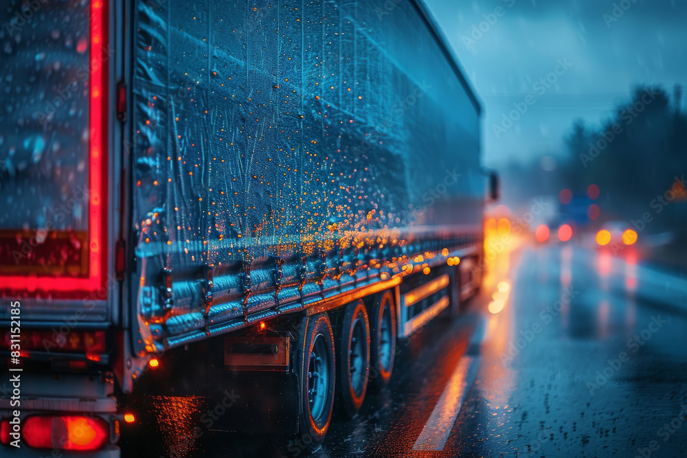 Huge truck trailer covered with wet tent on rainy day highway rear view ...