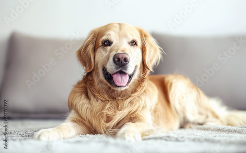 Golden retriever lying on soft blanket on bed indoors. Happy dog with tongue out looking at camera in bright room