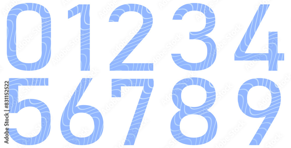 Set of blue numbers with pattern isolated on white. Alphabet with numbers. Vector graphic elements for design. Abstract pattern with lines and waves. Summer, spring, holiday Set of blue numbers with pattern isolated on white. Alphabet with numbers. Vector graphic elements for design. Abstract pattern with lines and waves. Summer, spring, holiday