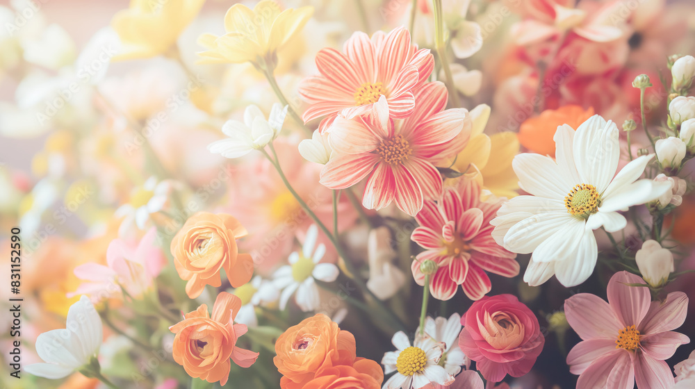 Macro of colorful spring flowers in soft focus. Bright and delicate blooms creating vibrant and cheerful display Macro of colorful spring flowers in soft focus. Bright and delicate blooms creating vibrant and cheerful display