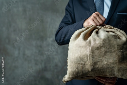 a man holding a burlap sack photo