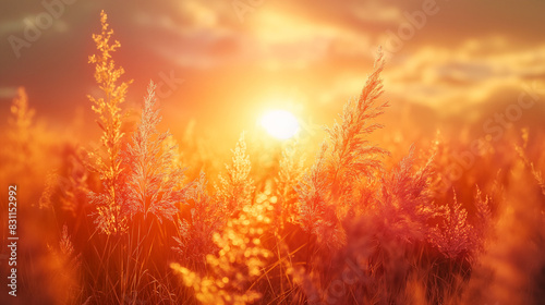 Sunset over wavy grass, a nice nature abstract background with rich golden-orange hue. Photo taken against the sun so sun flare can be visable.